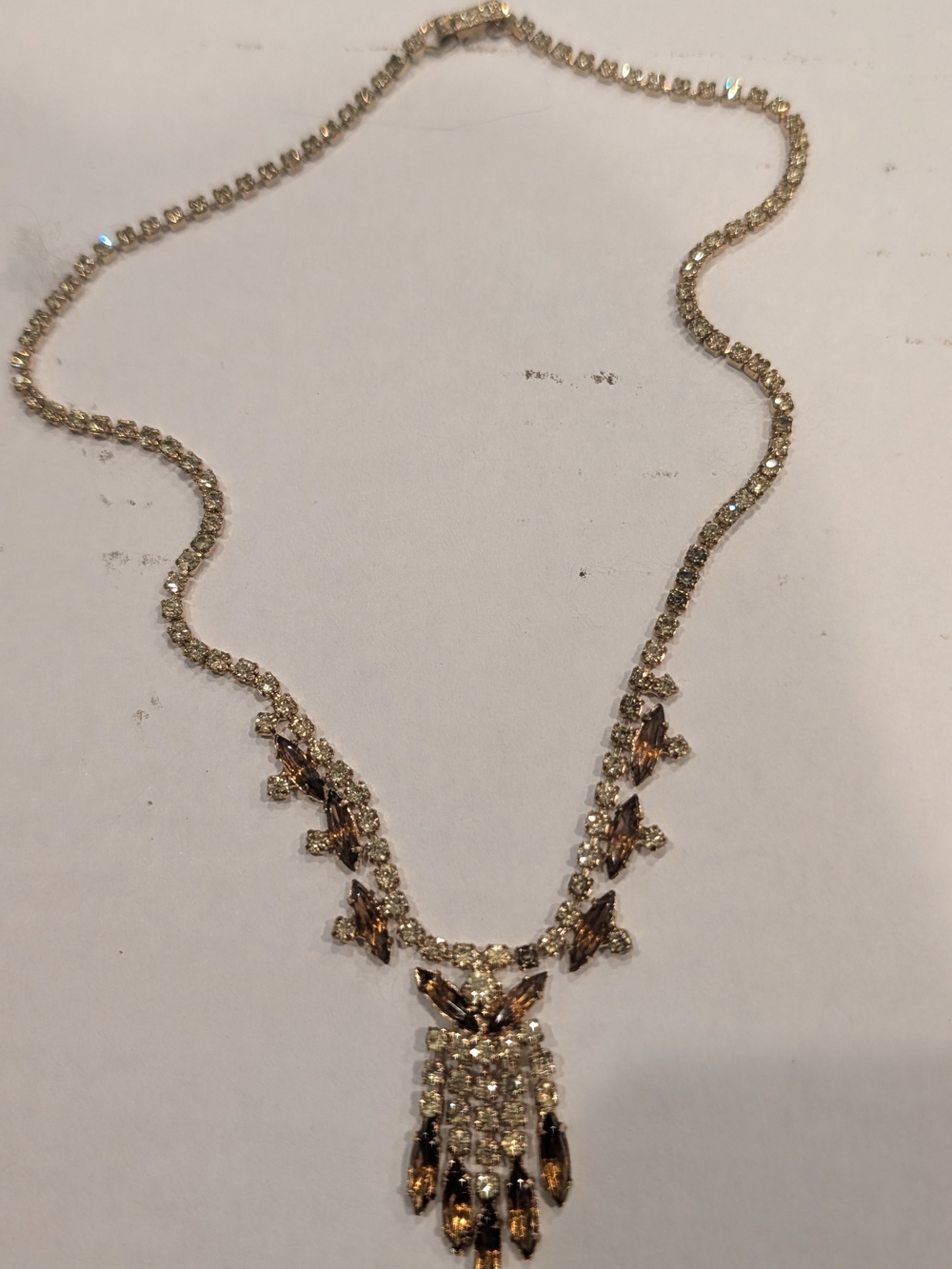 Vintage 1950s Amber Rhinestone Waterfall Necklace - Mid Century Cocktail Jewelry
